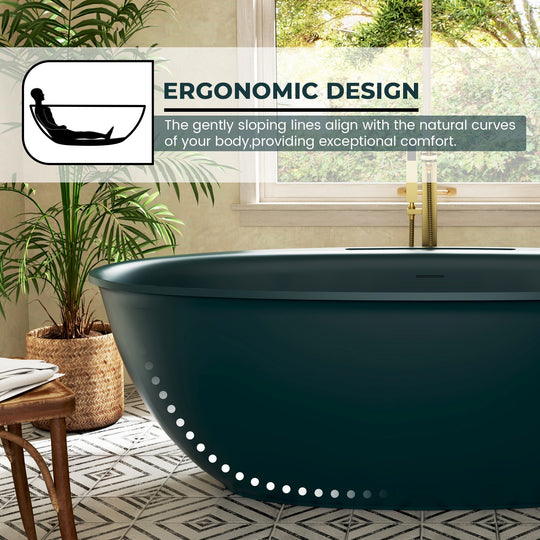 Luxury Flatbottom Solid Surface Freestanding Soaking Bathtub with Discreet Towel Slot and Drain Assembly