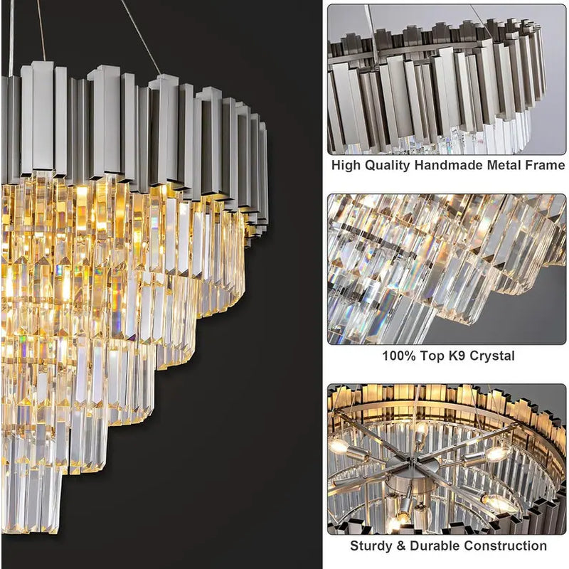 Large Crystal Chandelier - 35.4"Modern 6-Tier 17-Light Chrome Ceiling Light, Luxury K9 Crystal
