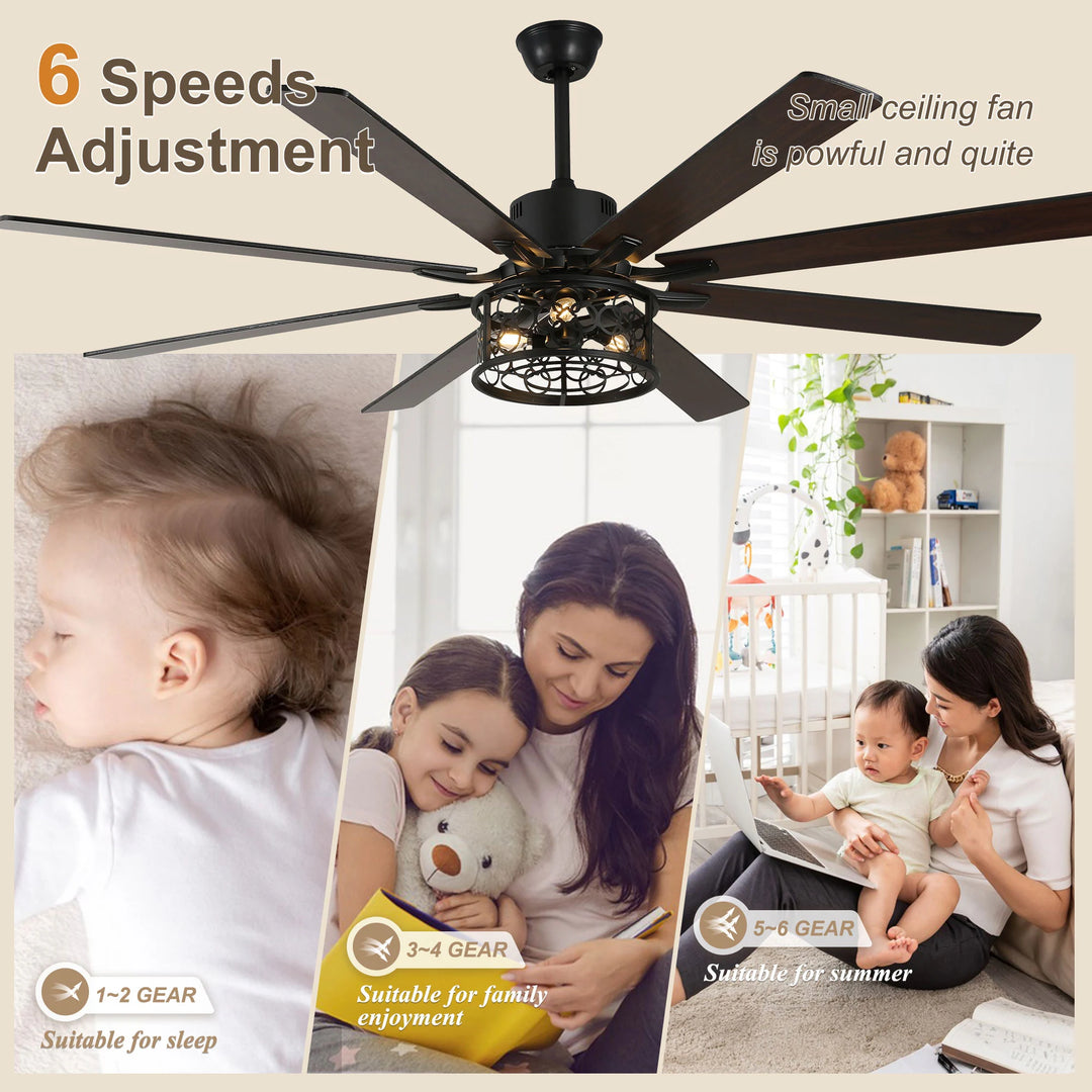 72" Rustic Large Ceiling Fan with Light and Remote 6-Speed 3-Light Farmhouse Metal Caged Black Ceiling Fan