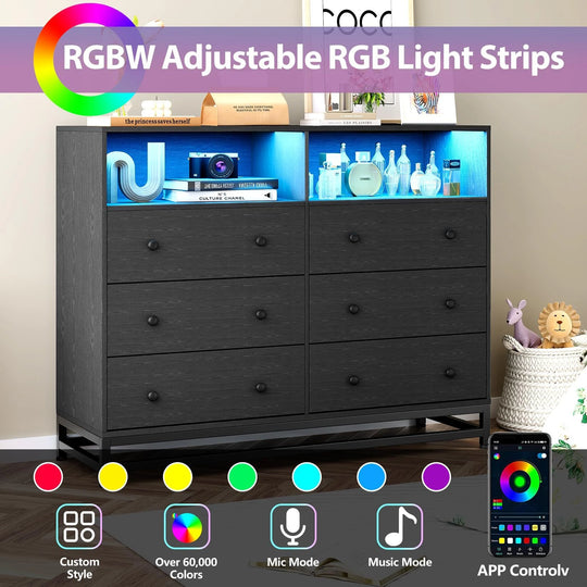 6 Drawer Dresser with Led Lights and Power Outlets