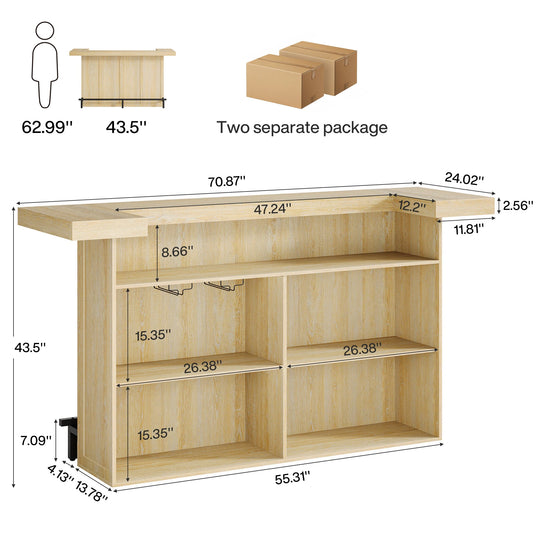 70.9" Wooden Home Bar Table with Wine Glass Holder, Pub Storage Unit Accent Table for Home Patio Basement