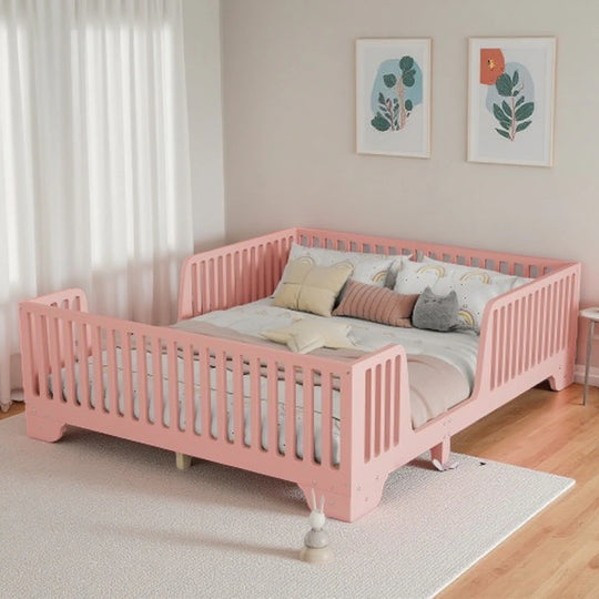Full Size Montessori Floor Bed Frame with Safety Rails and Removable Door, Low Profile Kids Bed with Slatted Support