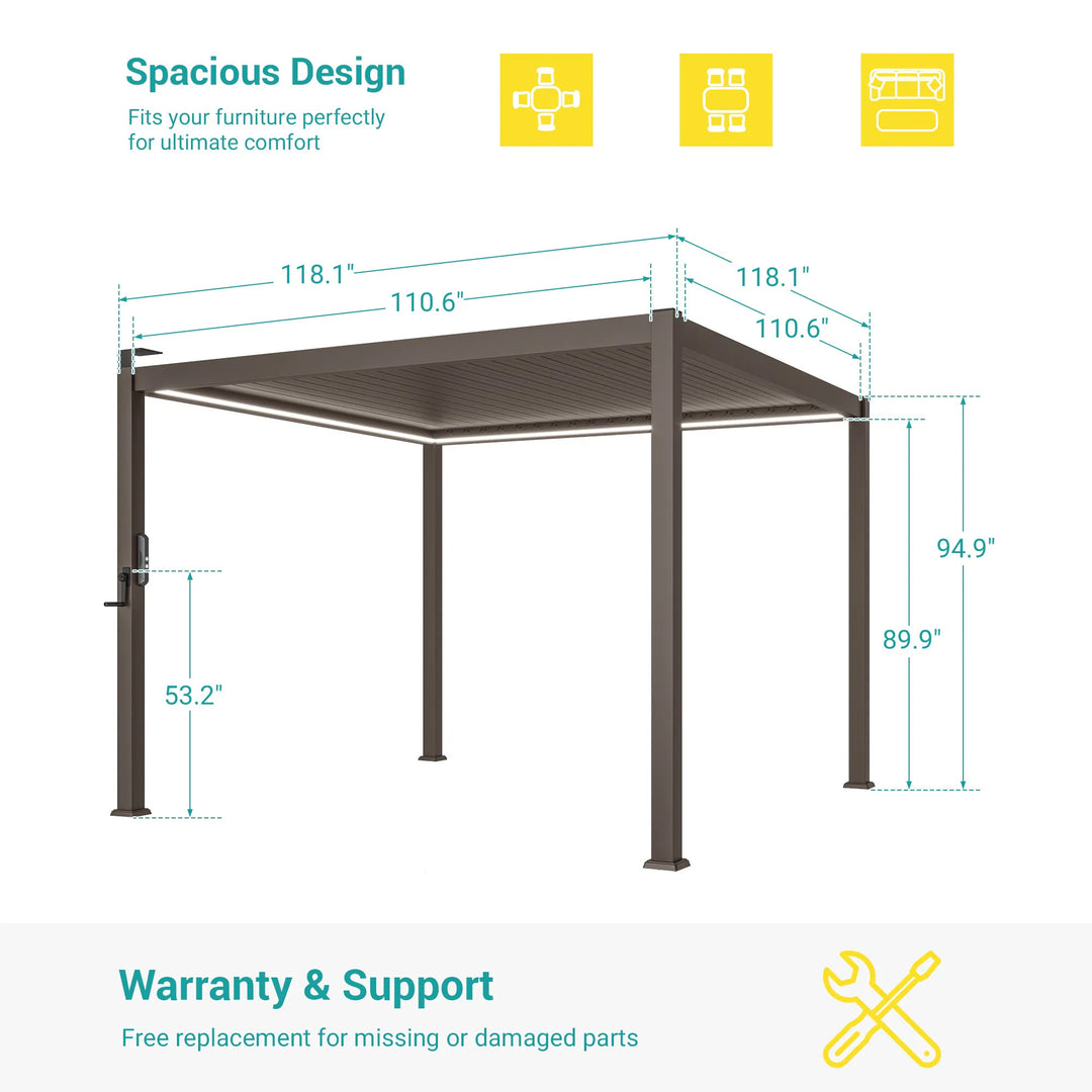 Outdoor Metal Solar LED Louvered Pergola with Adjustable Roof