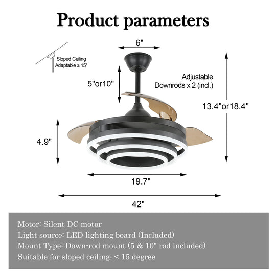 42In. DIY Shape Retractable Ceiling Fan with Lights, 6-Speed DC Motor Modern Ceiling Fan with LED Light and Remote