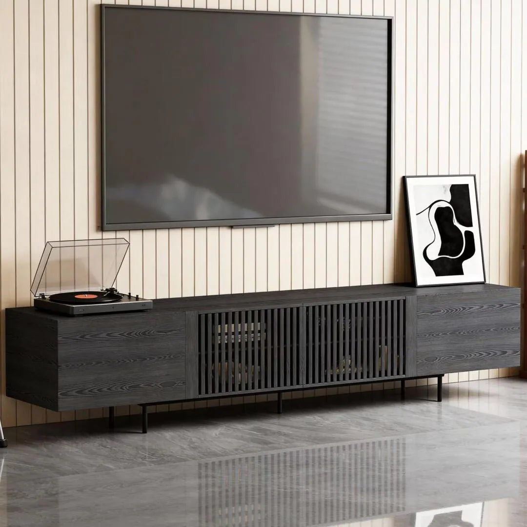 94.48 Inch Extra Long Black TV Stand with Slatted Doors, Modern Entertainment Center for Tvs up to 100 Inches,