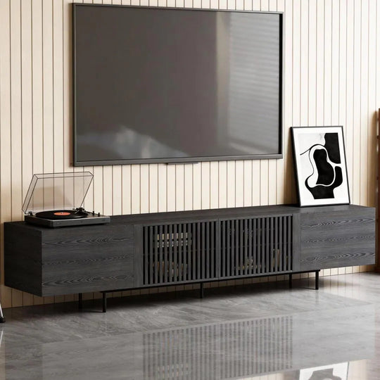 94.48 Inch Extra Long Black TV Stand with Slatted Doors, Modern Entertainment Center for Tvs up to 100 Inches,