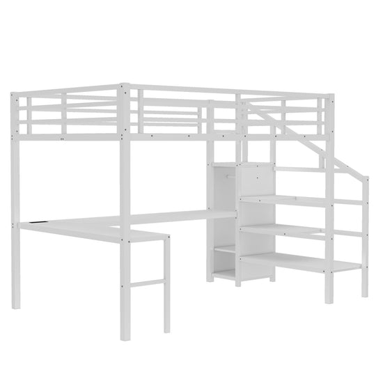 Queen Size Esports Gaming & Work Loft Bed with L-Shaped Desk, USB, LED, Wardrobe and Adjustable Shelf, Versatile Metal Bed Frame