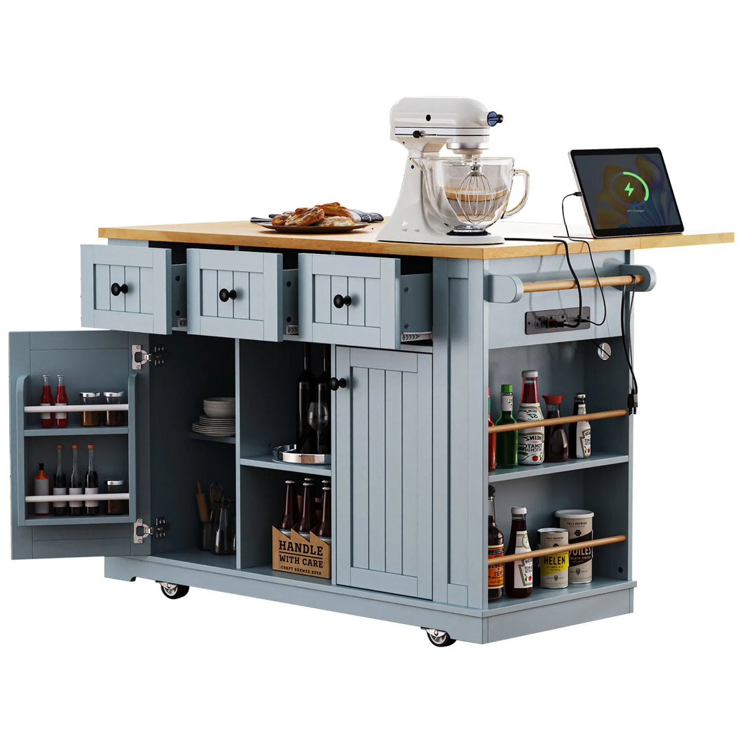 Large Kitchen Island with Drop Leaf,Power Outlet,Door Internal Storage Rack,3 Drawers(Not Include Bar Stools)