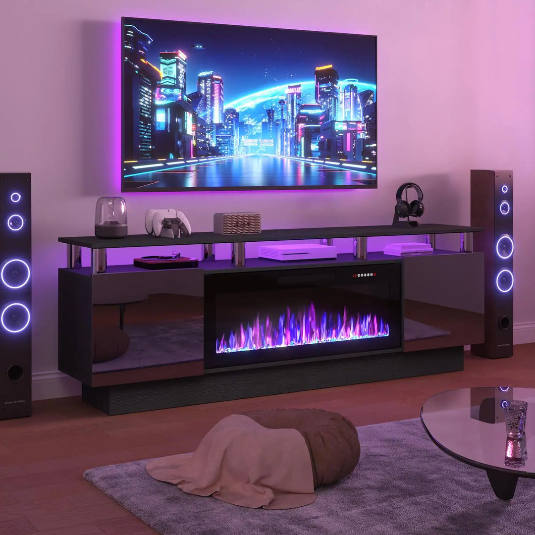 70" Modern Electric Fireplace TV Stand, with Electronic Flame and LED Lights, High Gloss Finish Entertainment Center