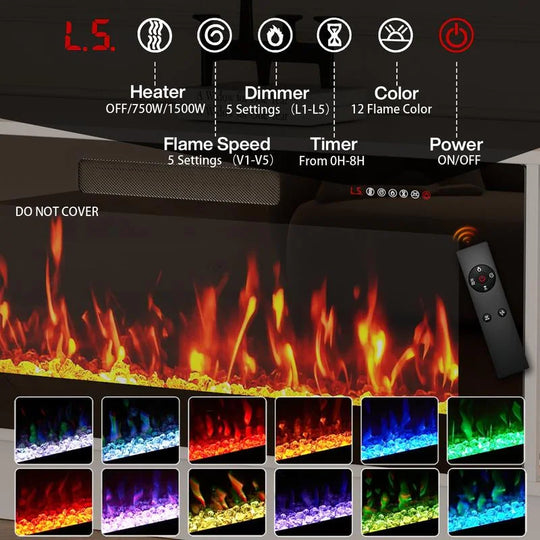 80" Fireplace TV Stand with Adjustable LED Lights, Modern Entertainment Center with Glass Door Storage Cabinet, Black
