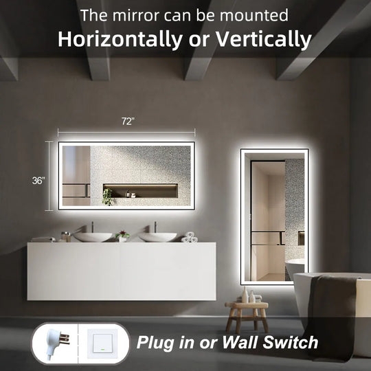 Extra Large Black Frame LED Bathroom Vanity Mirror with 3 Years Warranty and UL Certified