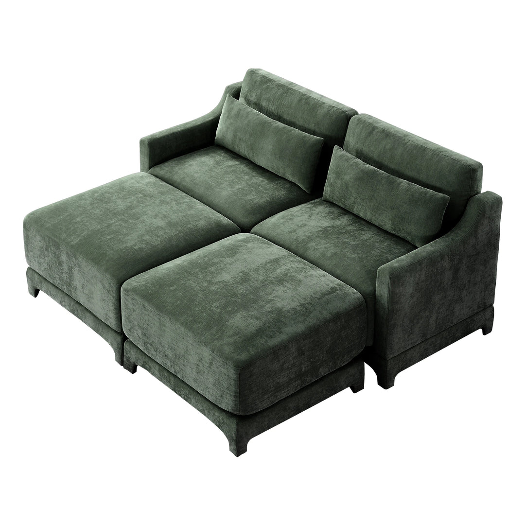 Modern Chenille 4-Seater Sofa with 2 Ottoman, Lumbar Cushions, Ergonomic Backrest, High-Resilience Spongeand Tufted Armrests