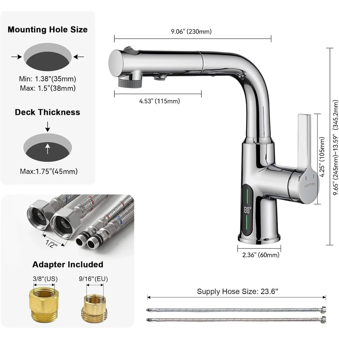 Single Hole Liftable Bathroom Faucet with Temperature Display in Fahrenheit, 3 Water Modes, BF2501