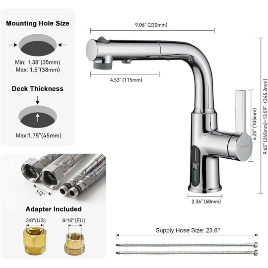 Single Hole Liftable Bathroom Faucet with Temperature Display in Fahrenheit, 3 Water Modes, BF2501