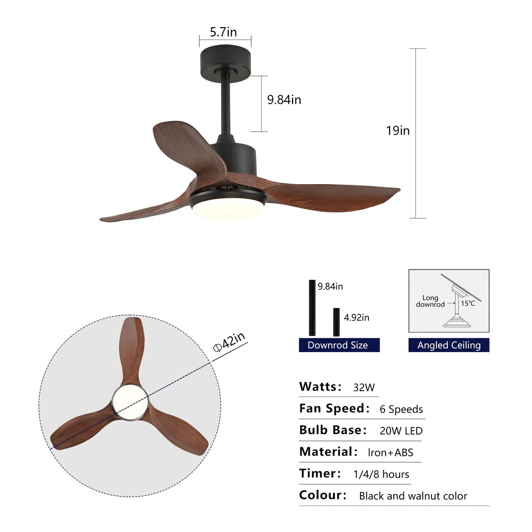 Sofucor 42"/48"/ 52"/60"Noiseless Walnut Wood Ceiling Fan with Remote Control, Integrated Light Optional