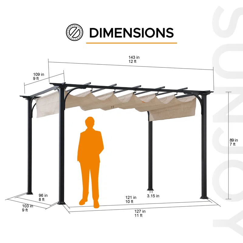 Naples Outdoor Pergola 9 X 12 Ft. Patio Black Steel Frame Pergola with Retractable Beige Canopy Shade for Backyard