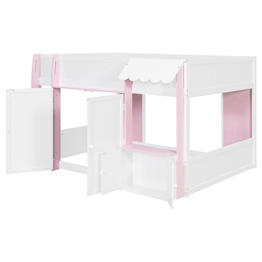 Full Loft House Bed with Playhouse Storage Modern Wood Cabin Bed for Kids