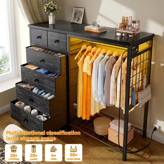 Dresser for Bedroom with Clothes Rack, 6 Drawer Dresser with Shoe Rack, Charging Station & Led Lights