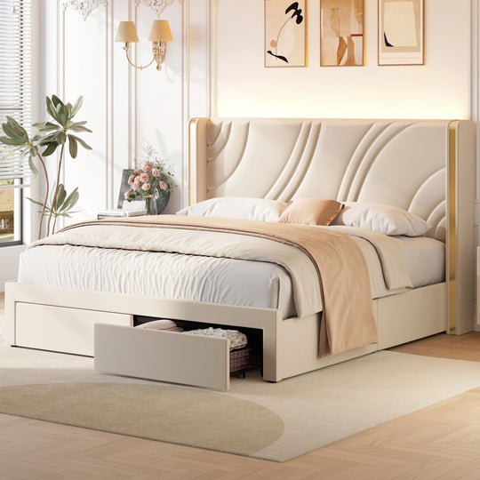 Velvet Upholstered Platform Bed with Smart Ambient Strip Lights Wingback Headboard and Endbed Pull-Out Storage Drawers
