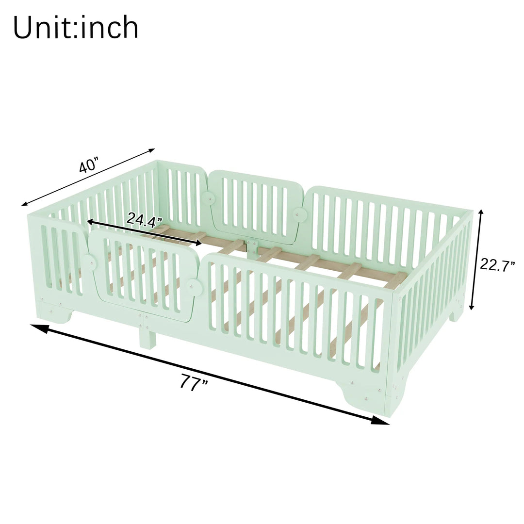 Full Size Montessori Floor Bed Frame with Safety Rails and Removable Door, Low Profile Kids Bed with Slatted Support
