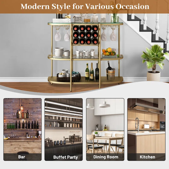 Itasca Metal Wine Bar Stand with 4-Tier Storage, Tempered Glass Wine Rack Table with Glass Holders