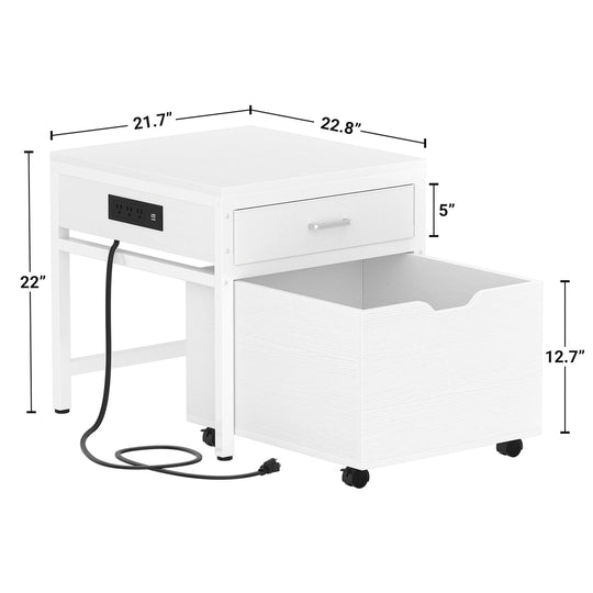 Mini Fridge Stand with Charge Station, Side/ End Table with Storage Drawers and Rolling Cabinet