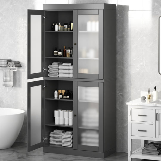 100% Solid Wood Bathroom & Laundry Storage Cabinet, Raised Panel Doors, Adjustable Shelves, 32" Wide, 71.5" Tall