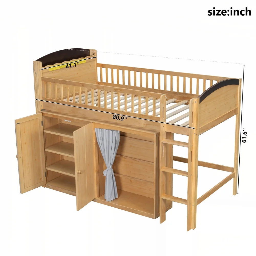 Loft Bed with Storage Cabinet and LED