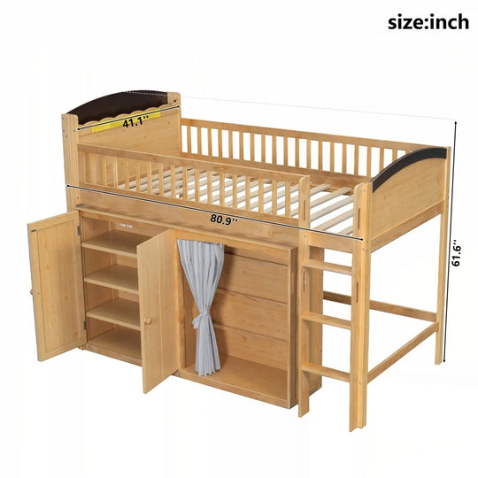 Loft Bed with Storage Cabinet and LED