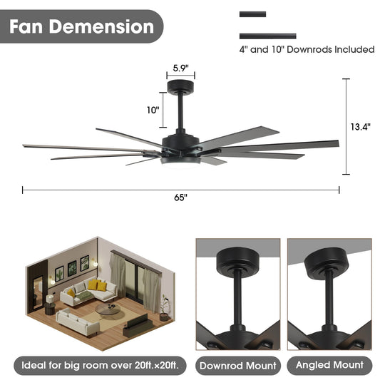 65-Inch Modern Reversible Dimmable Large Ceiling Fan with Light and Remote