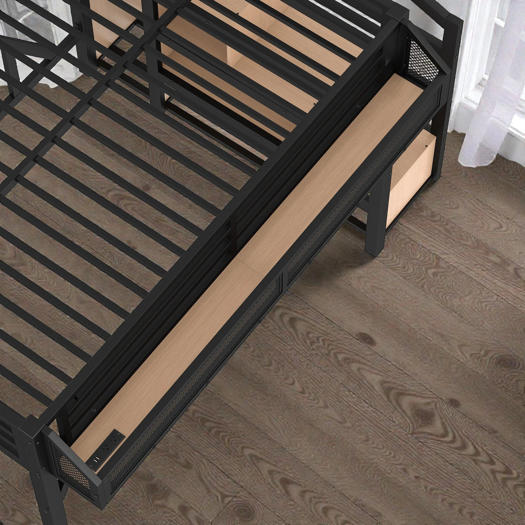 Metal Loft Bed with Storage Stairs, Built-In Wardrobe, Shelves, USB Ports, LED Lights & Noise-Reduced Frame