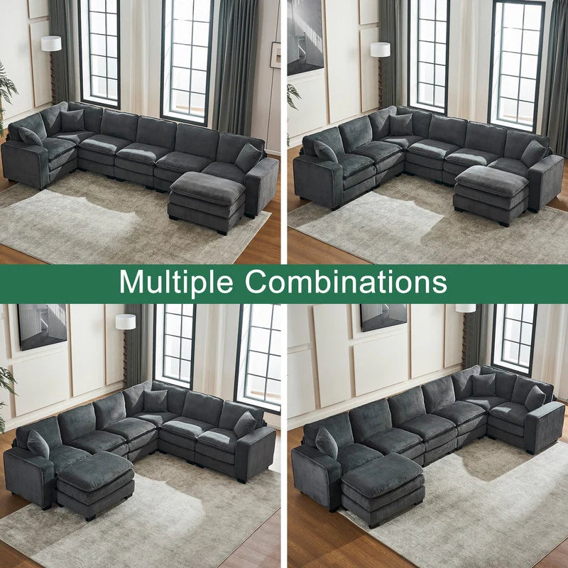Modern U-Shaped 6-Seater Sectional Sofa with One Footstool
