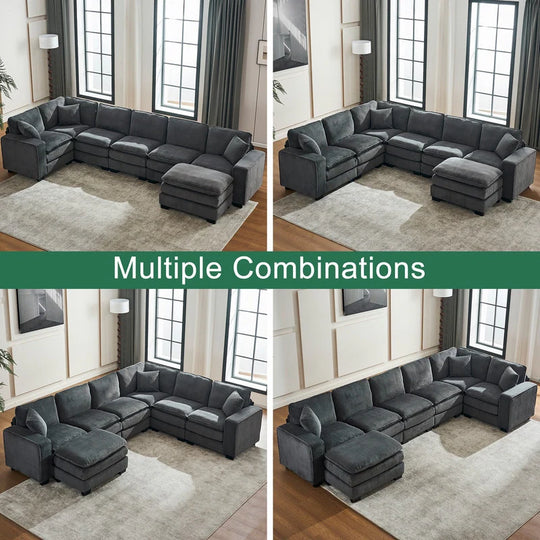Modern U-Shaped 6-Seater Sectional Sofa with One Footstool