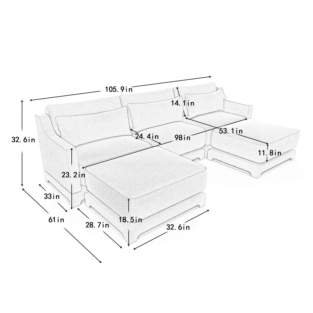 Modern Chenille 4-Seater Sofa with 2 Ottoman, Lumbar Cushions, Ergonomic Backrest, High-Resilience Spongeand Tufted Armrests