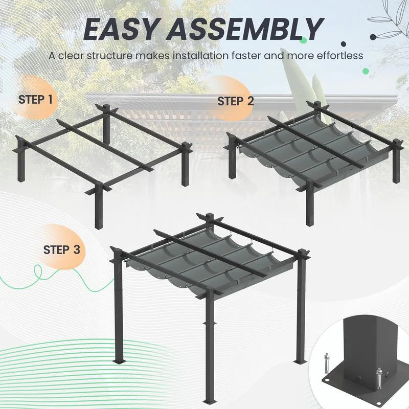 10' X 13' Outdoor Pergola with Retractable Canopy, Heavy-Duty Metal Frame and Adjustable Patio Shade Roof