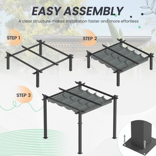 10' X 13' Outdoor Pergola with Retractable Canopy, Heavy-Duty Metal Frame and Adjustable Patio Shade Roof