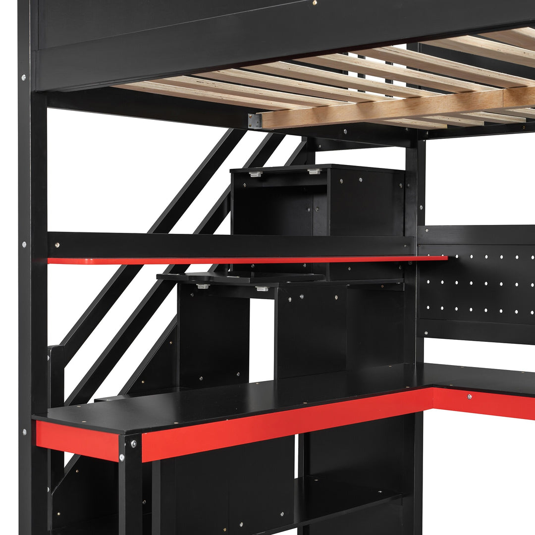 Full Size Wooden Gaming Loft Bed with Storage Stairs, Desk, Shelves and Pegboard