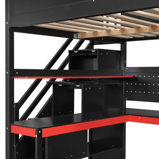 Full Size Wooden Gaming Loft Bed with Storage Stairs, Desk, Shelves and Pegboard