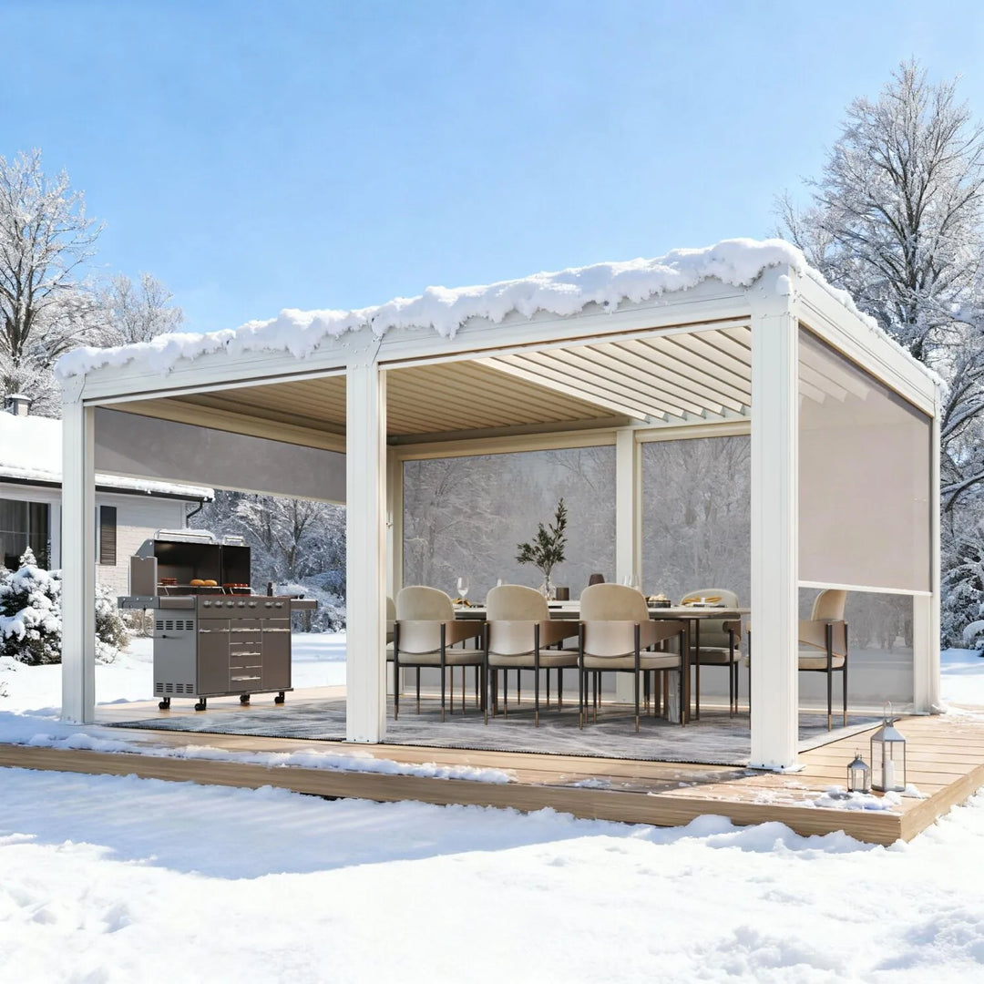 Outdoor Louvered Pergola Gazebo with Adjustable Aluminum Rainproof Roof and Pull-Down Screen