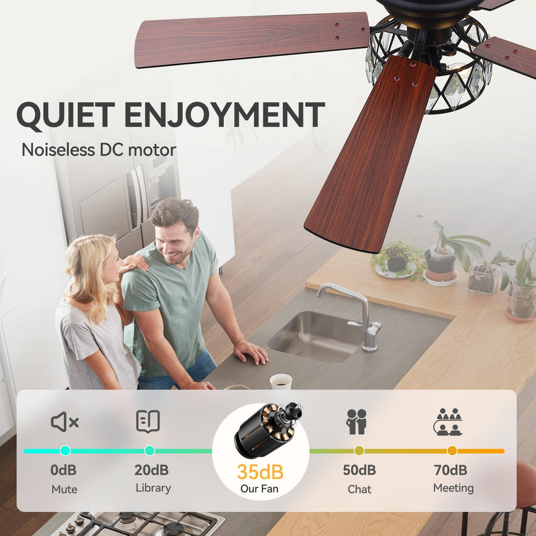 52" Flush Mount 5-Blade Modern Crystal Indoor Ceiling Fan with Light Kit and Remote
