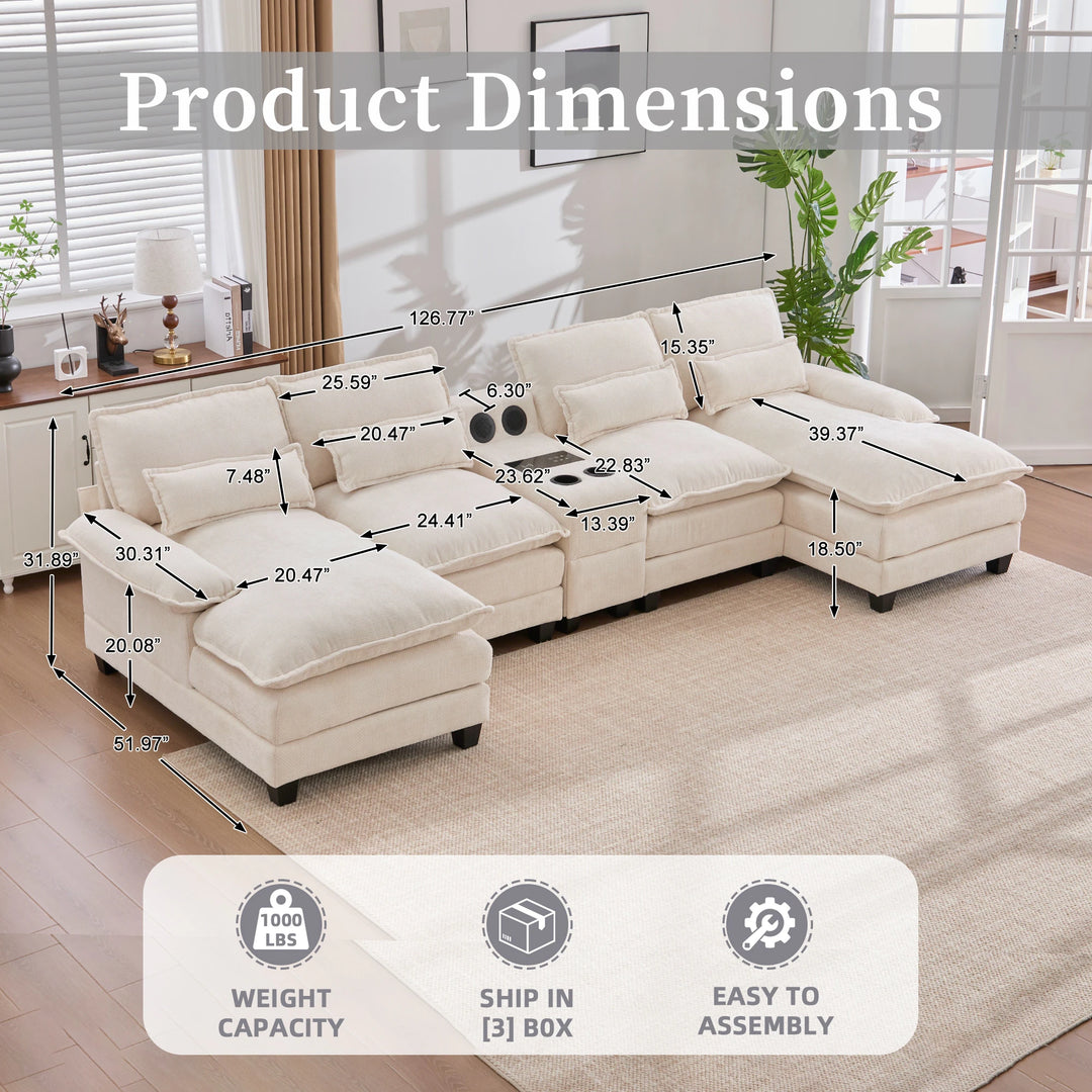6-Seat Chenille Upholstered Modern U-Shaped Sectional Multifunctional Sofa with 2 Cup Holders,Pull-Out Storage Space