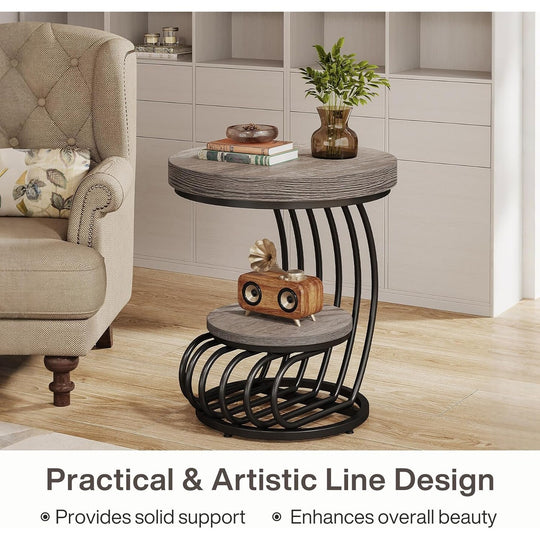 2 Tiers round End Table with Shelf Storage, Arc-Shaped Side Sofa Table