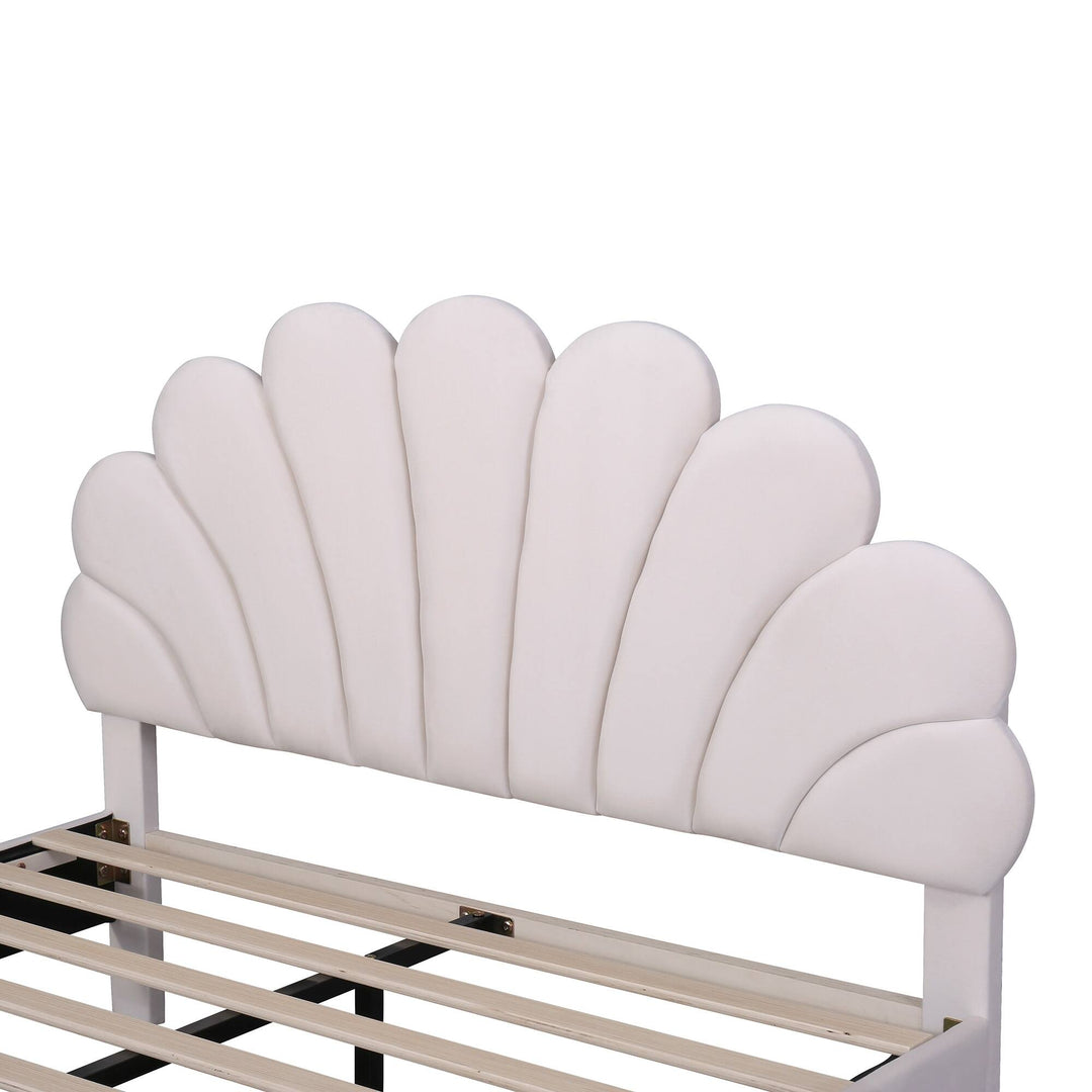 Upholstered Platform Bed with Flower Pattern Velvet Headboard