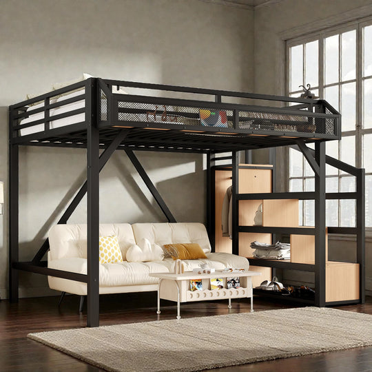 Metal Loft Bed with Storage Stairs, Built-In Wardrobe, Shelves, USB Ports, LED Lights & Noise-Reduced Frame