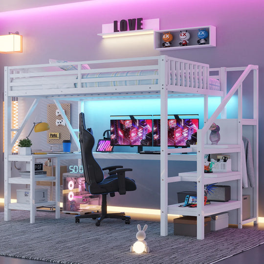 Metal Full Loft Bed with Wardrobe and LED Light, Full Size Loft Bed with L Shaped Desk and USB for Kids Teens Adults