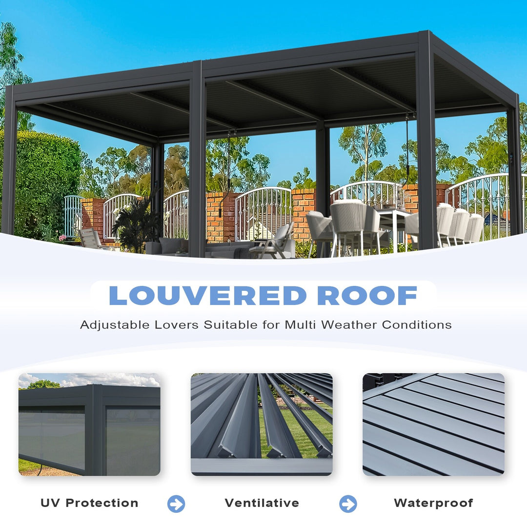 Outdoor Louvered Pergola Gazebo with Adjustable Aluminum Rainproof Roof and Pull-Down Screen
