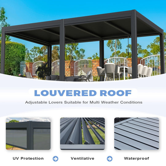 Outdoor Louvered Pergola Gazebo with Adjustable Aluminum Rainproof Roof and Pull-Down Screen