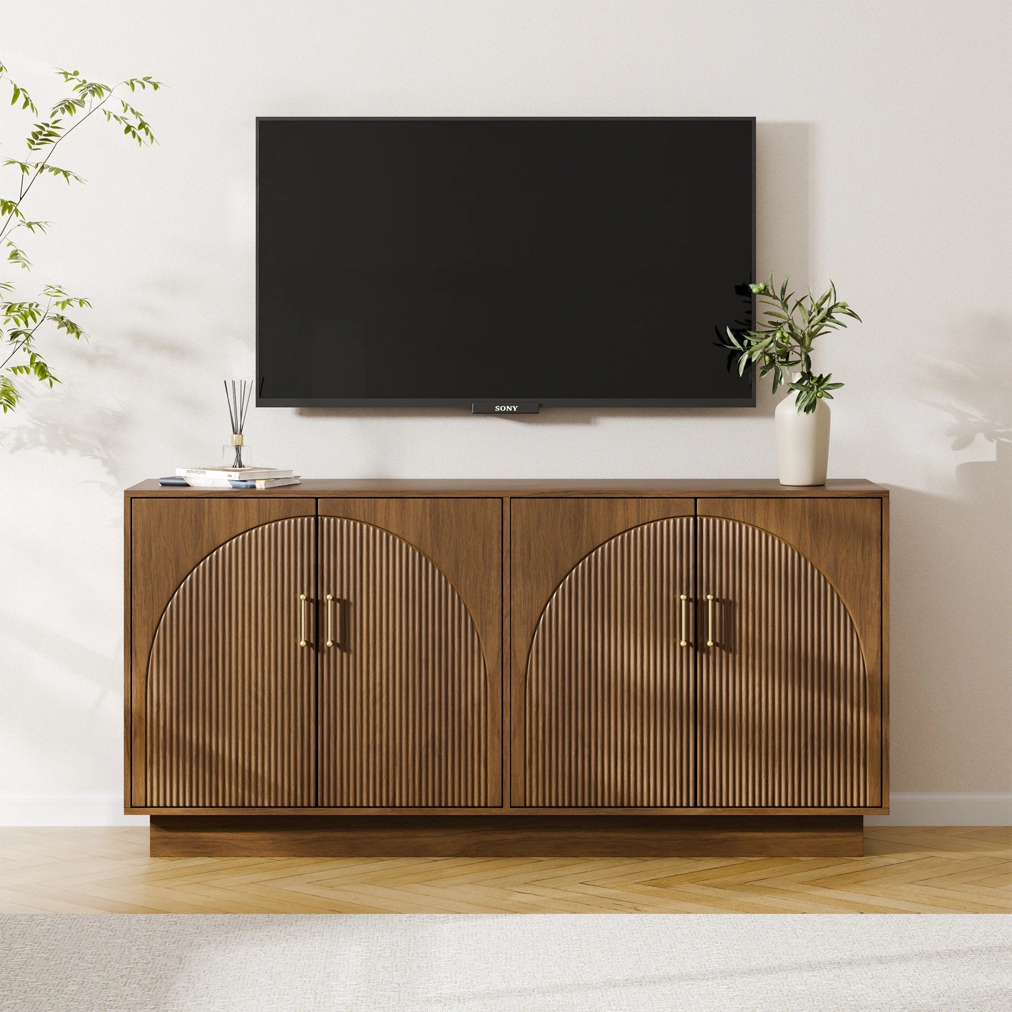 Mid-Century Fluted TV Stand with Storage Fits Tvs up to 75", Entryway Console, Sideboard - 15.7"D X 65"W X 31.5"H