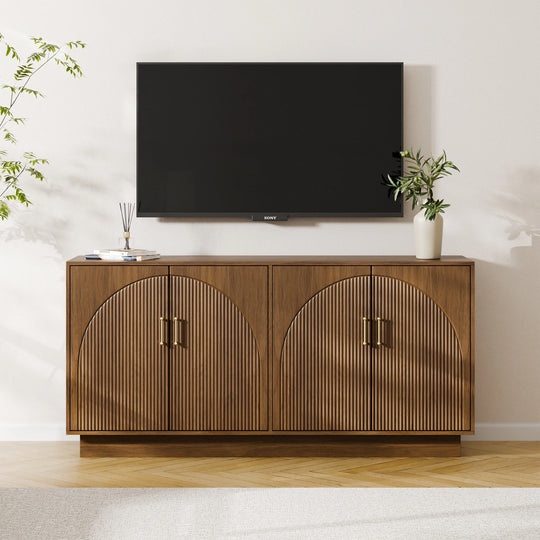 Mid-Century Fluted TV Stand with Storage Fits Tvs up to 75", Entryway Console, Sideboard - 15.7"D X 65"W X 31.5"H