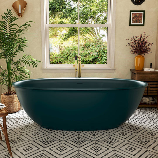 Luxury Flatbottom Solid Surface Freestanding Soaking Bathtub with Discreet Towel Slot and Drain Assembly